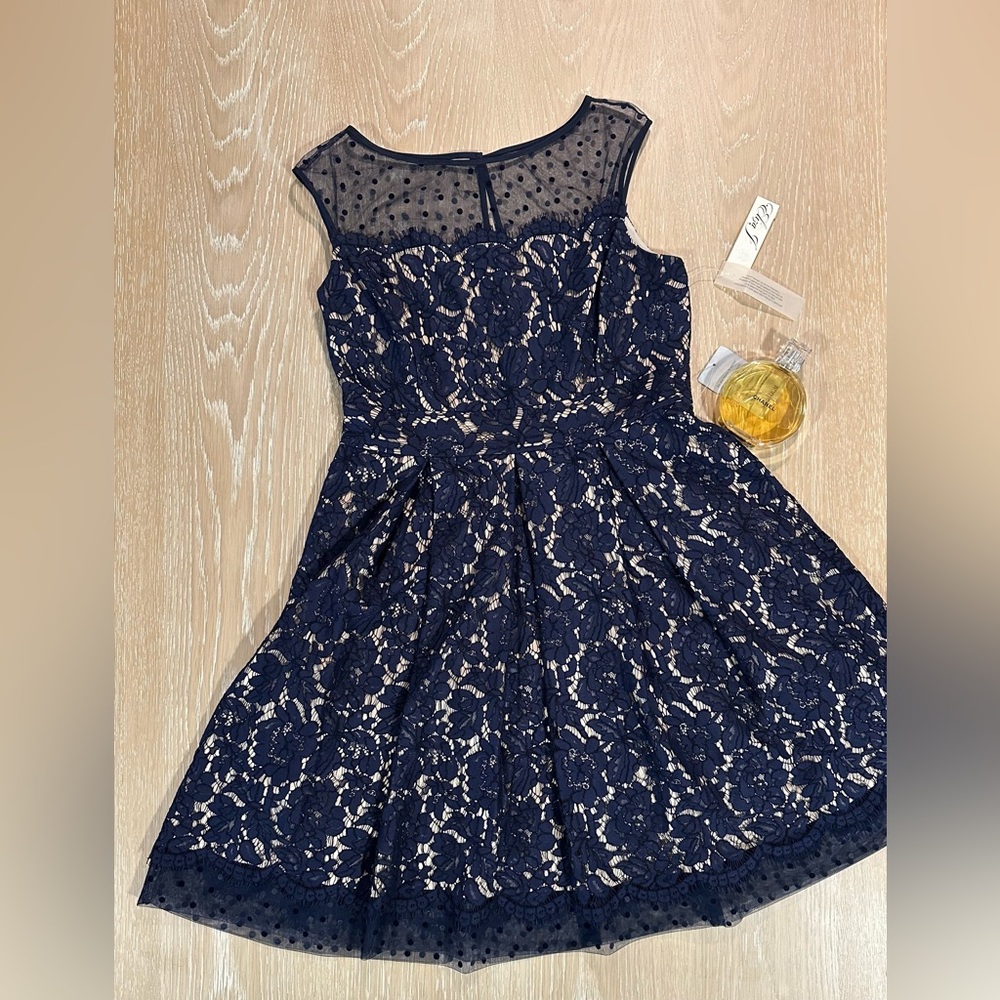Elegant Navy Lace Dress with Polka Dot Mesh